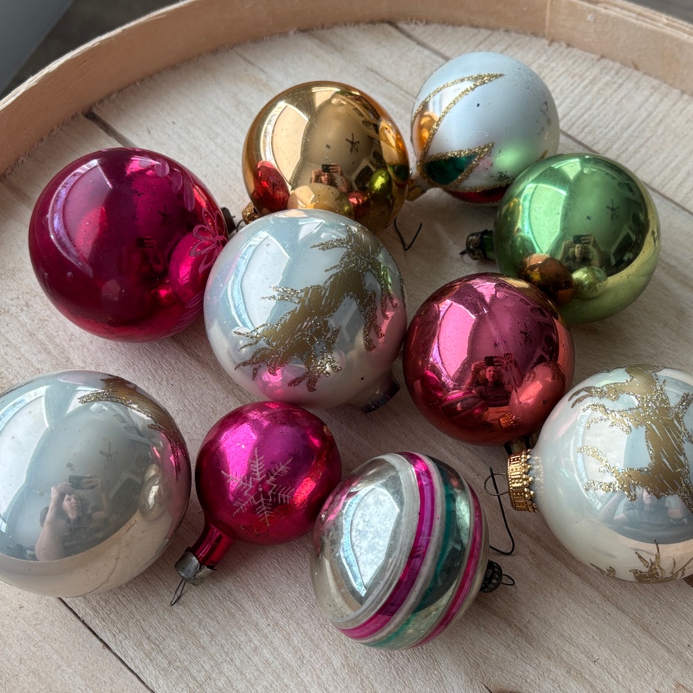 Vintage Holiday Glass Ball Ornament Set - Gold, Pink, Green, Silver Metal Caps - Picture 12 of 12